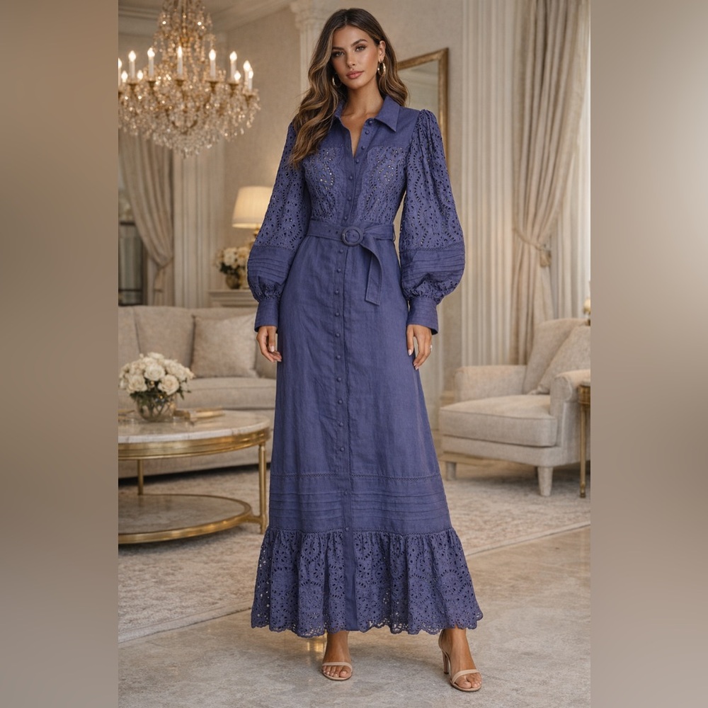 NWT Saint Armand Lara French Navy Ramie Maxi Shirt Dress $355‎ Small
